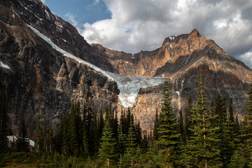 August 2020: Morning shot of the Angel Glacier, or Ghost Glacier, from the Mount Edith Cavell Meadows hike in the Canadian rockies in Jasper National Park, Alberta, Canada, during the summer.