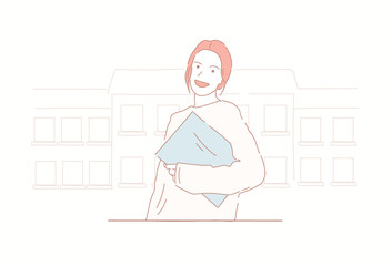 Smiling young woman holding a book at school. Hand drawn style vector design illustrations.