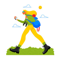 hiking. traveler. vector illustration of a woman going on a trip