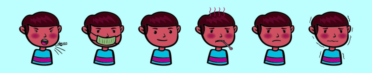 set of sick child cartoon icon design template with various models. vector illustration isolated on blue background