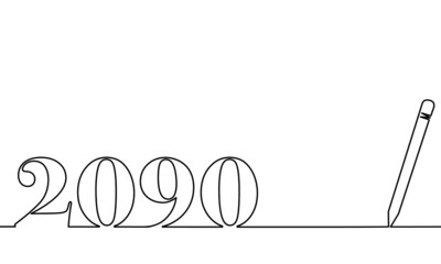 One line drawing style with a pen on the right and 2090 on the left, the year of the lord. Concept about writing, simply, yearly, celebrating, anniversary and etc. 