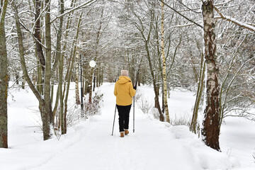 An adult woman is engaged in nordic walking in a winter park.