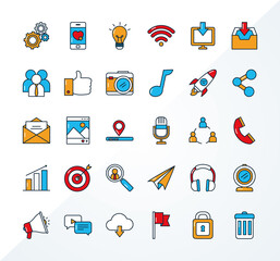 social media icon set, line and fill style