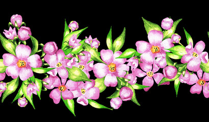 Bouquet of pink flowers and leaves. Seamless pattern. Watercolor (2)