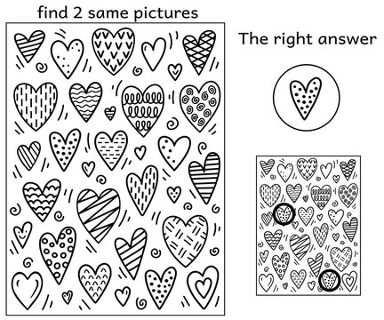 Black and white cartoon funny hearts with geometric pattern. Find two same pictures. Educational activity game for kids. Find the 2 identical doodle hearts. Answer included. Vector Coloring Book.