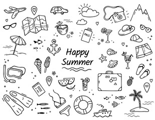 Summer Travel Doodle Icons. Hand drawn sea vacation symbols doodle set. Beach and travel elements: suitcase, umbrella, swimsuit, cocktail, anchor, palm tree etc. Black isolated on a white. Vector.