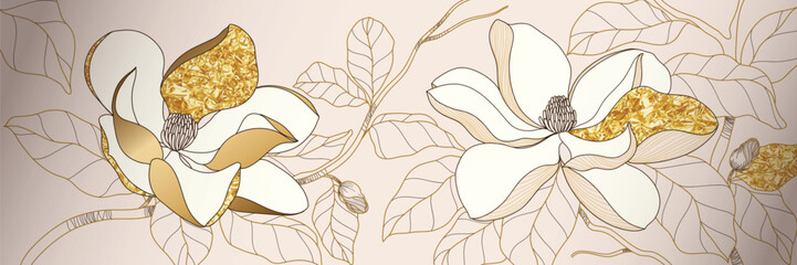 Luxury golden magnolia flower background wall art vector design home decorate  © babeer