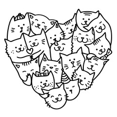 Hand draw doodle cats for Valentine's Day. Lots of cute cartoon cats in the shape of a heart. Coloring book for children. Doodling cats in love. Black outlines isolated on a white background. Vector