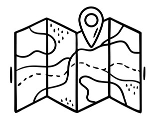 Hand drawn vector map for traveling with geotag in doodle style. Folded paper map with a route and map pointer, GPS location symbol. Black contours isolated on a white background. Map for camping.
