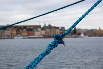 Mooring ropes in the background of Stockholm