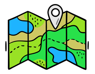 Hand drawn map for traveling with geotag in doodle style. Folded paper map with a route and map pointer, GPS location symbol. Isolated on a white background. Vector Map for camping, hiking.