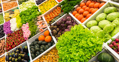 Fresh fruit and vegetable background, tropical market, agriculture exhibition