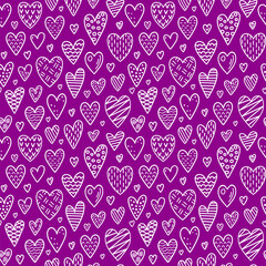 Hand drawn vector seamless pattern with hearts in doodle style. Stylized endless cartoon sweet hearts. White contour isolated on a purple background. Valentine's Day, packaging, textiles fabric, goods