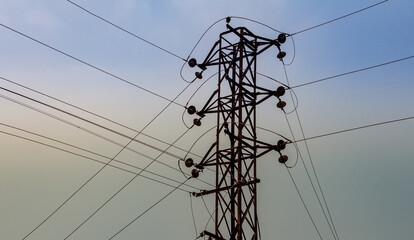 High Voltage Electric poles for power transmission passing through reserve forest. Power distribution from power plants.