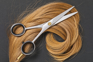 Scissors and hair blond in color on a dark background, top view. The concept of hairdressing services