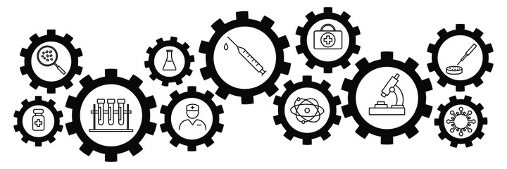 Development and creation vaccine. Clinical Research, Antibody, Laboratory, Immune, Treatment, Syringe. Vaccines to provention. Vector Line Icons. Editable Stroke. elements of medical subjects. 