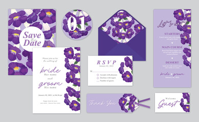 Purple color flower background template. Vector set of floral element for wedding invitations, greeting card, envelope, voucher, brochures and banners design. © mamsizz