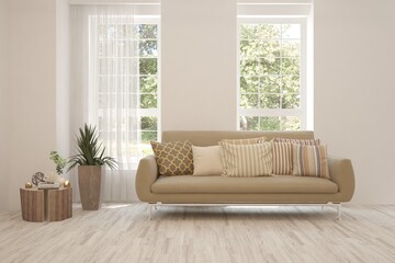 White living room with sofa and summer landscape in window. Scandinavian interior design. 3D illustration