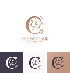 Premium Vector C logo. Monnogram, lettering. Delicate elegant floral pattern of roses. Personal logo or sign for branding an elite company. Vector design.