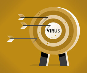 Hitting arrows and target Virus. Concept: coronavirus COVID-19 pandemic outbreak, antivirus, epidemy and diseases, illness, medical science, remedy development and invention, antidots, drugs etc.