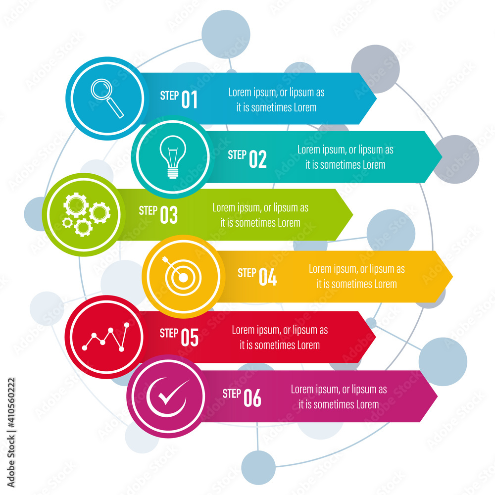 Aufkleber infographics design vector and business icons with 6 options for presentation and web site