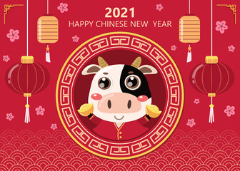 Happy Chinese new year greeting card. 2021 Ox zodiac. Cute cow and gold money. Animal holidays cartoon character.