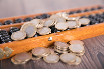 Traditional Chinese beads and scattered euro coins