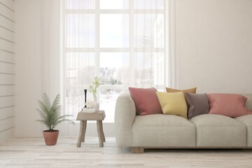 White living room with sofa and winter landscape in window. Scandinavian interior design. 3D illustration