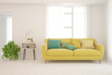 White living room with sofa. Scandinavian interior design. 3D illustration