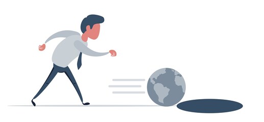 Man playing with the globe like a toy. Concept of global warming and destruction of the environment with as symbol, an irresponsible man, pushing the earth into a pit. Vector illustration