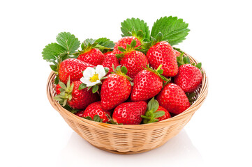 fresh juicy strawberries with leaves in a wooden basket on white background.