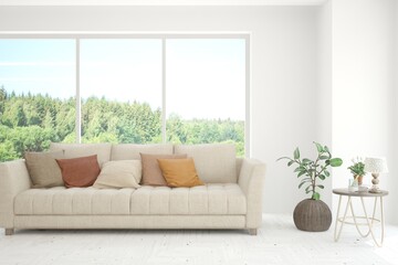 White living room with sofa and summer landscape in window. Scandinavian interior design. 3D illustration