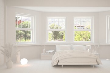 White stylish minimalist bedroom with summer landscape in window. Scandinavian interior design. 3D illustration