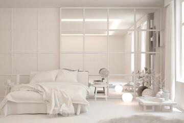 Modern bedroom in white color. Scandinavian interior design. 3D illustration