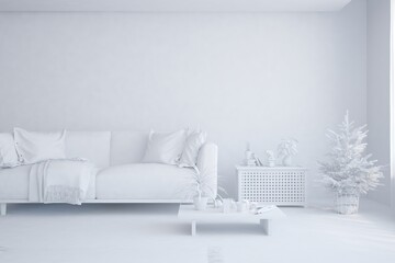 White minimalist living room with sofa. Scandinavian interior design. 3D illustration