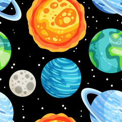 Planets, stars and satellites on a starry sky space seamless pattern background. Solar system outer space planets children wallpaper texture tile. Vector stock image © Olga