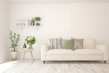White living room with sofa. Scandinavian interior design. 3D illustration