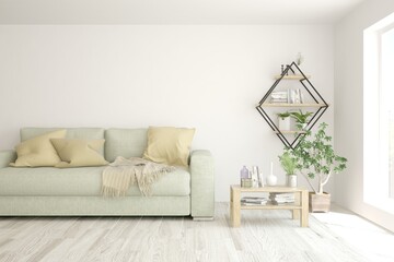 White living room with sofa. Scandinavian interior design. 3D illustration