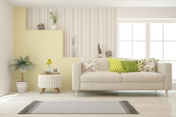 Fototapeta premium White living room with sofa. Scandinavian interior design. 3D illustration