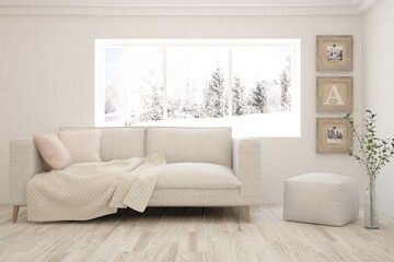 White living room with sofa and winter landscape in window. Scandinavian interior design. 3D illustration