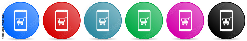 Poster Online shop vector icons, set of circle gradient buttons in 6 colors options for webdesign and mobile applications