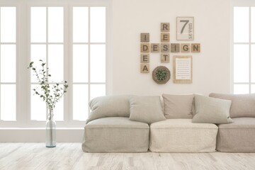 Stylish living room interior of modern apartment. Scandinavian interior design. 3D illustration