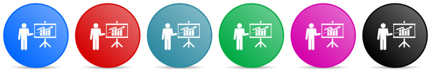 Business training vector icons, set of circle gradient buttons in 6 colors options for webdesign and mobile applications