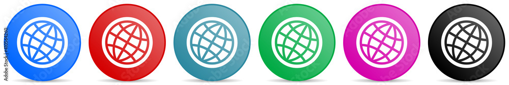 Poster world, globe vector icons, set of circle gradient buttons in 6 colors options for webdesign and mobi