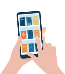 Bookshelves with books on the smartphone screen. Digital library. E-books. Hands hold a smartphone, a finger touches the screen. Vector Flat