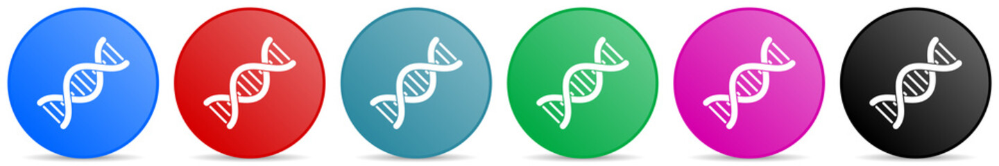 Dna, genetic molecule vector icons, set of circle gradient buttons in 6 colors options for webdesign and mobile applications