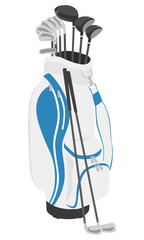 ゴルフクラブセットが入ったキャディバッグとアイアンのイラスト。