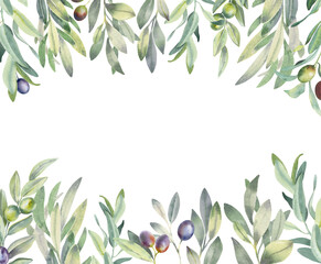 Hand paint watercolor frame with olive branches and leaves on white background. Perfect for creating cards, print, wedding and fashion design.
