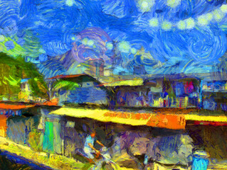 Slum community housing in the big city Illustrations creates an impressionist style of painting.