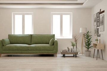 Fototapeta premium White living room with sofa. Scandinavian interior design. 3D illustration